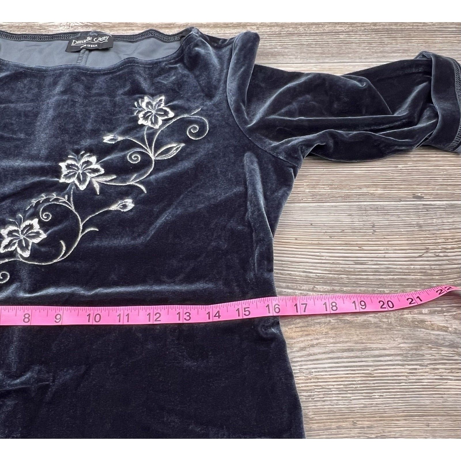 Vtg. Danielle Casey Dress S Black Velvet Midi Floral Embroidery Romantic Elegant — image 8 of 8